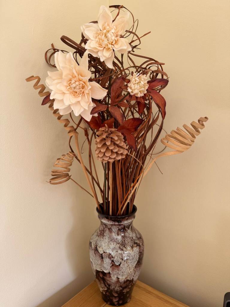 Ewenny Pottery vase with artificial flowers & reeds