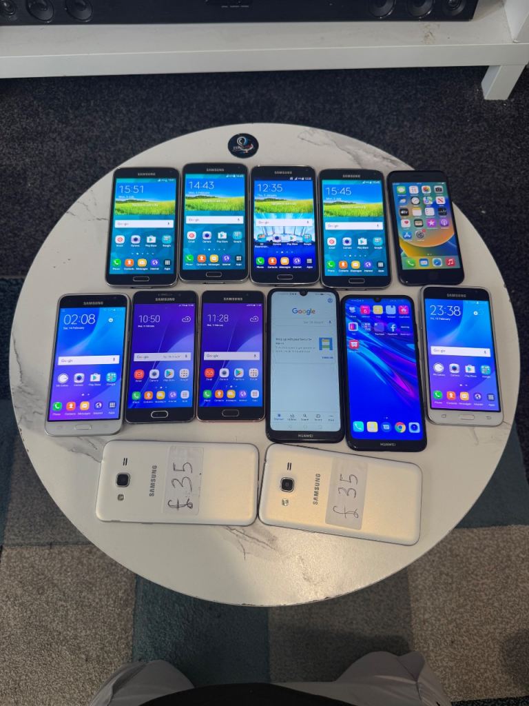 Samsung S5 , iPhone 8 , huawei Y6 , Samsung J3 , Samsung A03 with charging cable