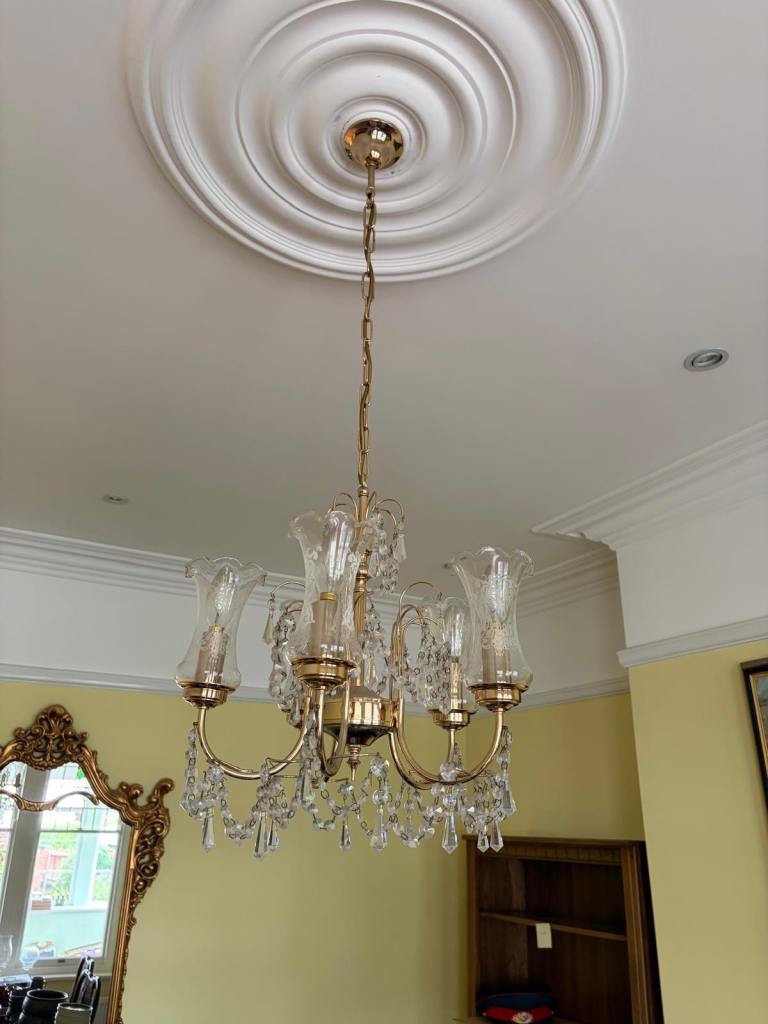 Vintage 5-Arm Brass & Crystal Chandelier with Etched Glass Shades