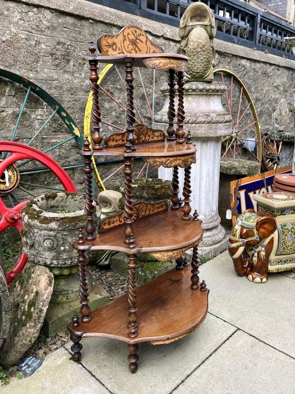 Victorian Cascading Whatnot With Ornate Piercing and Marquetry Detail.