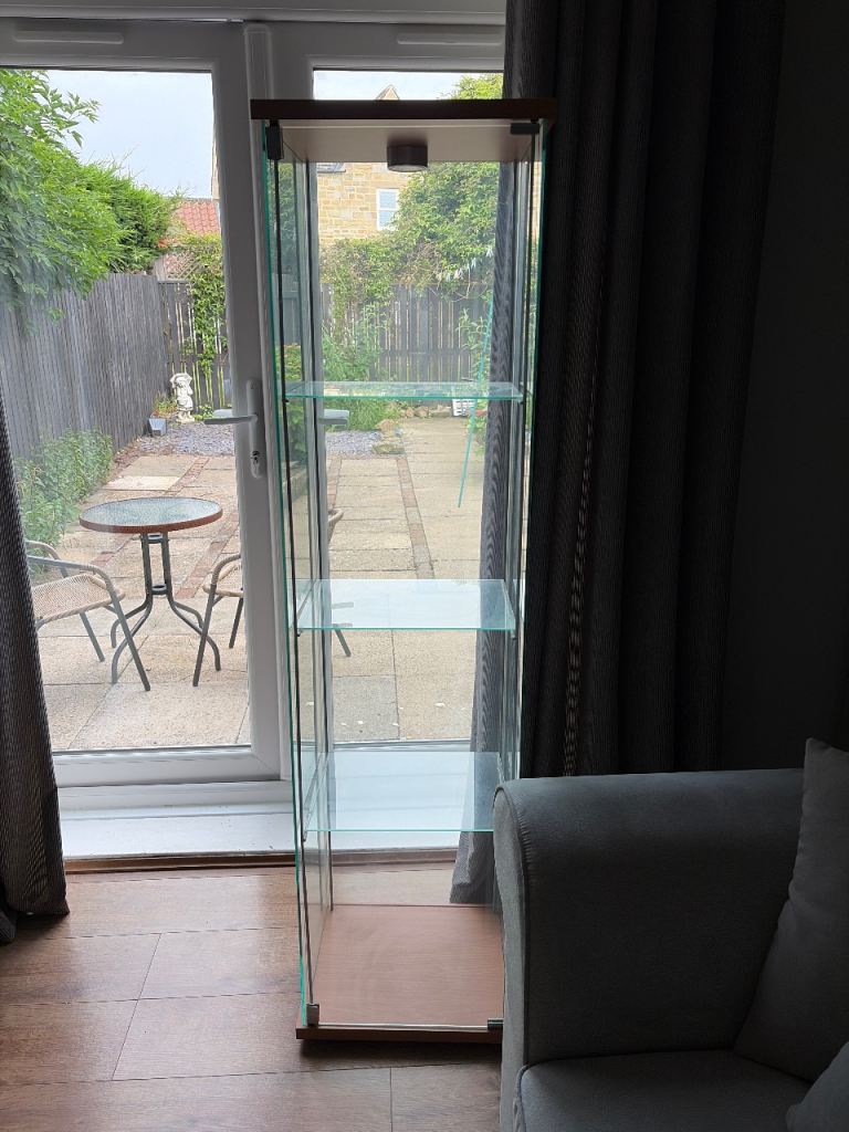 Glass Display Cabinet with Wooden Trim – Good Condition