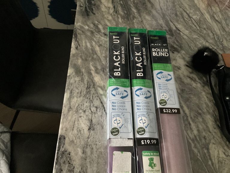 Blackout Roller Blinds x 3.  Width 153  drop 162. Brand new in boxes 