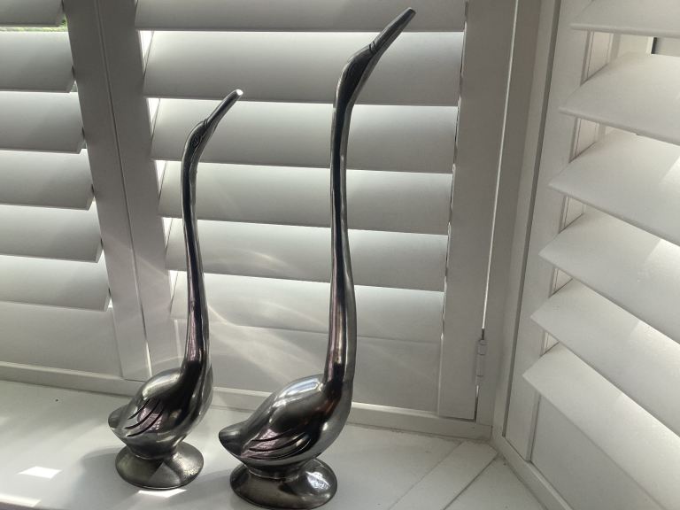 2 vintage polished Aluminium geese 18&16 inches high modern minimalistic style