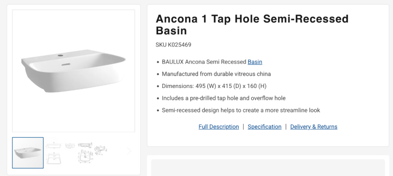 BAULUX Ancona 1 Tap Hole Semi-Recessed Basin