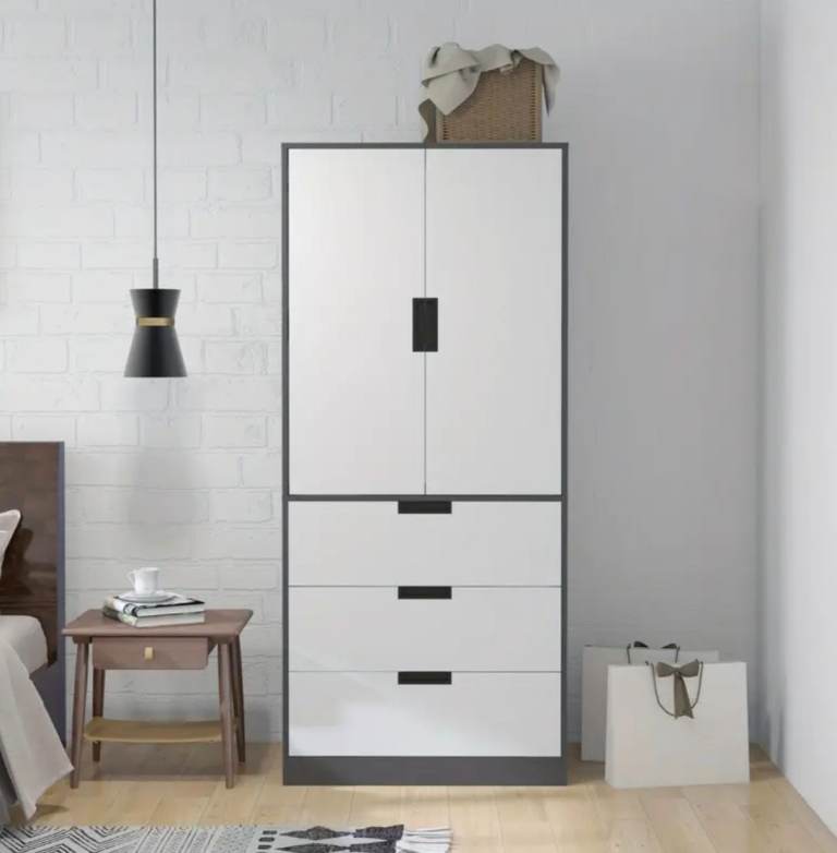 New 2-Door Wardrobe with 3 Drawers & Hanging Rail – Modern Bedroom Storage Cabinet Cupboard