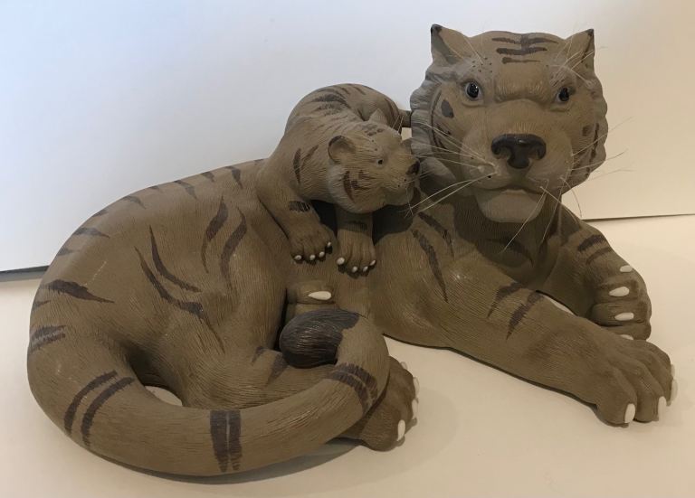 Vintage Shiwan Chinese hand painted clay tiger and cub. 26x20cm