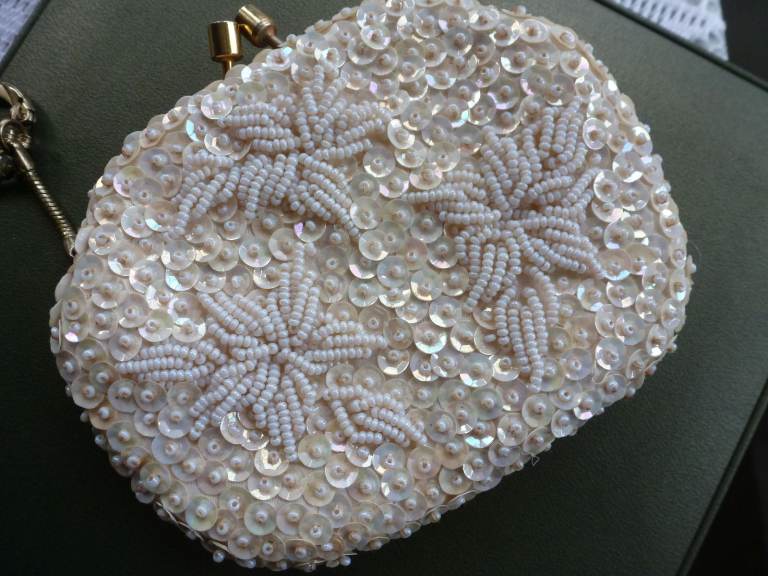 Vintage change purse, sequins & pearl beads, gold clasp, opalescent With Floral Motif