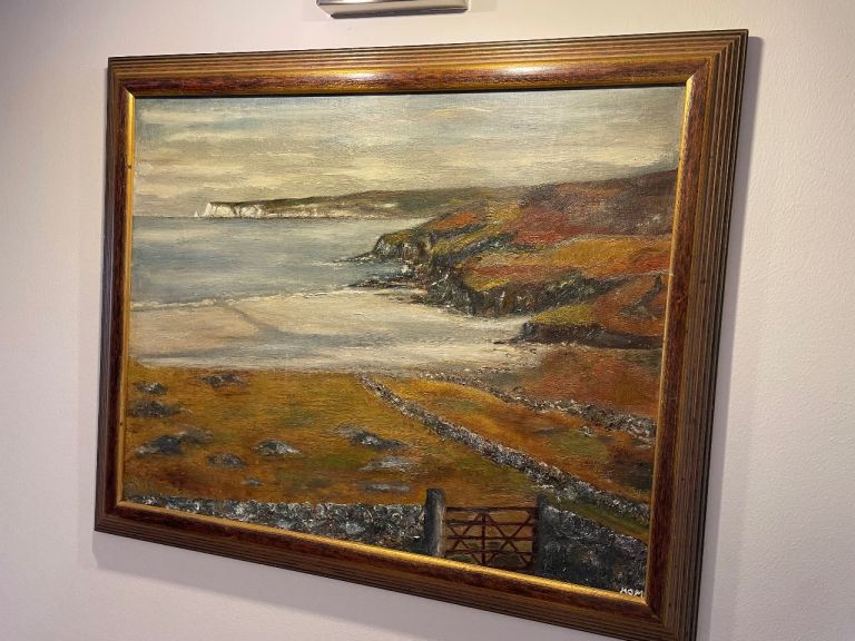 Large Framed Landscape Oil Painting of Rural Coast