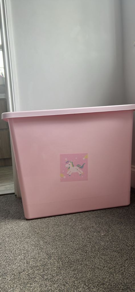 Pink Plastic Storage Box with Unicorn Sticker