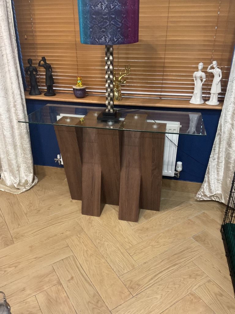 Modern Glass Top Console Table with Wooden Base