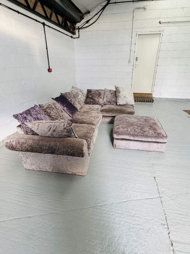 Crushed velvet corner sofa with footstool (comfortable, excellent condition)
