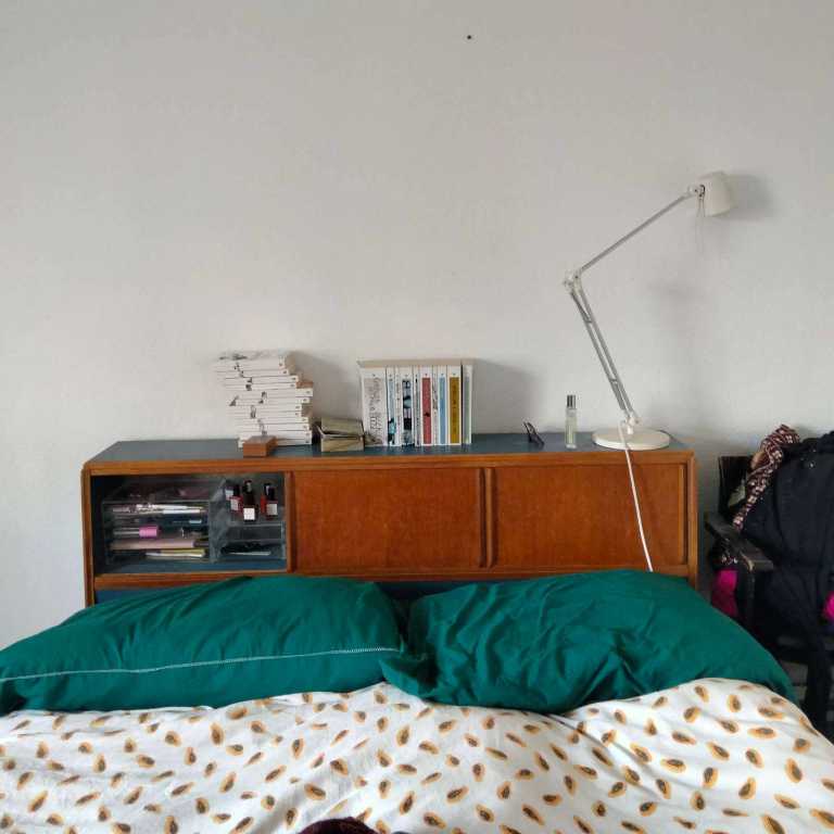 Mid Century Headboard with sliding storage doors.