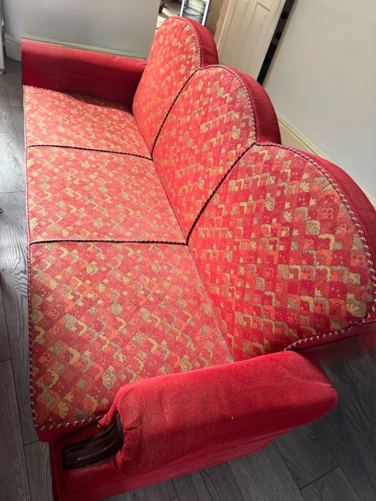 Free Sofa - Settie - Vintage Red Fabric Sofa with Patterned Cushions
