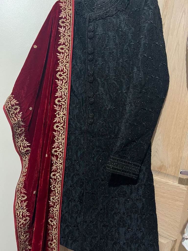Elegant Black Embroidered Sherwani + Velvet Shawl & Matching Shoes (Size 40 / UK 10)