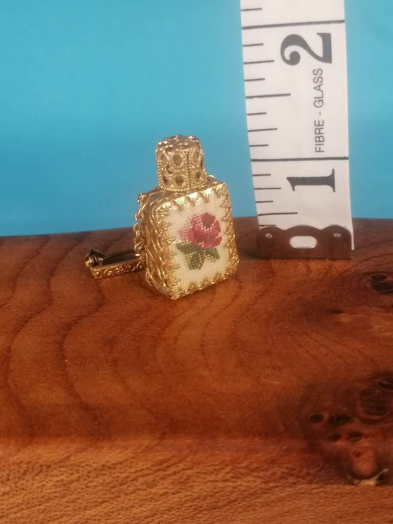 Antique, Vintage Tiny floral needlepoint Brooch 0,7inch-Vintage Glass Perfume Bottle. 