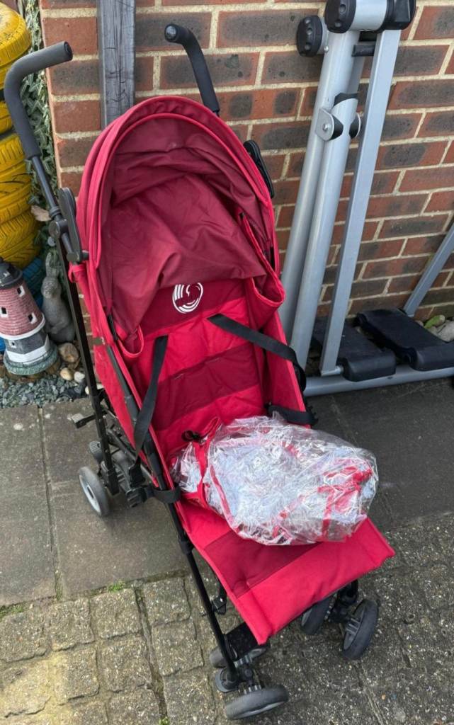 Red Pushchair Stroller - Good Condition, Includes Rain Cover