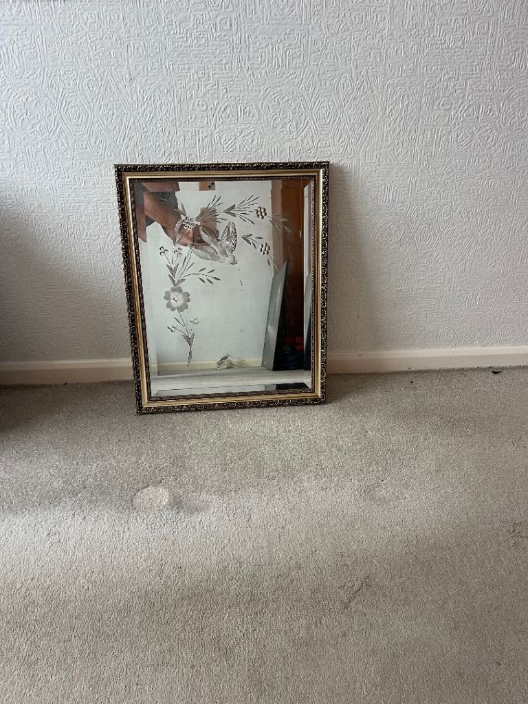 Vintage Gold Framed Mirror with Etched Glass – Good Condition