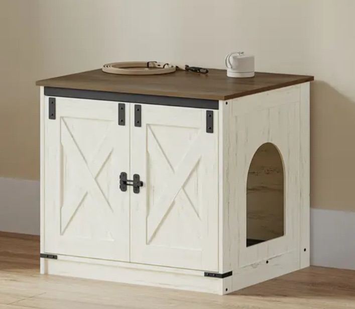 Stylish White and Brown Cat Litter Box Enclosure Cabinet
