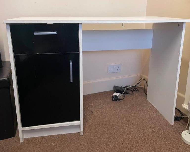 White Desk with Black Drawer and Cupboard – Good Condition