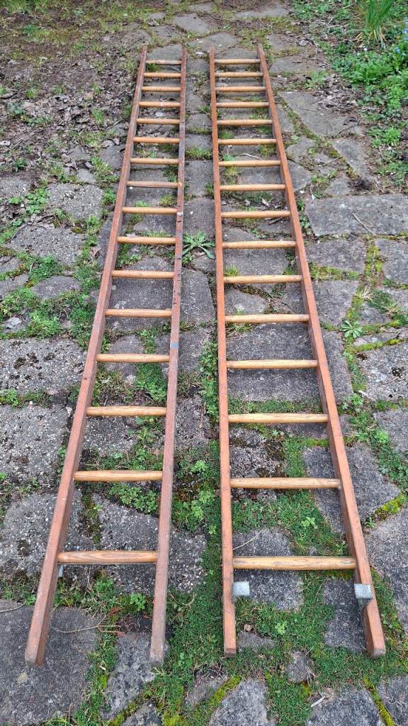 Double section / extending vintage wooden ladders