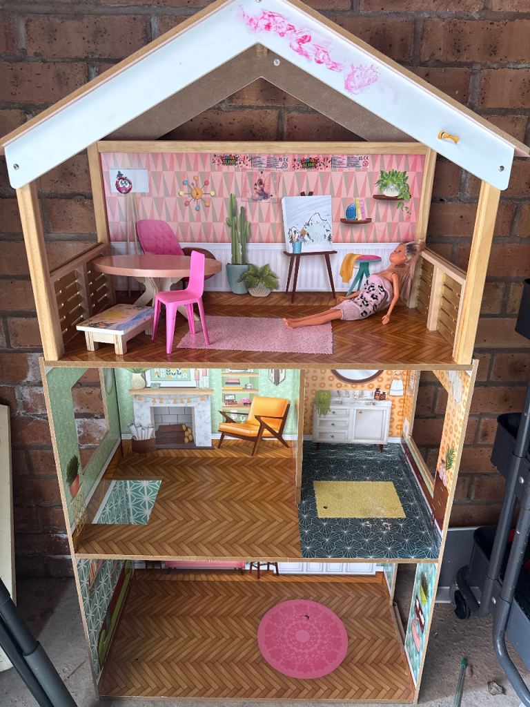 Wooden Dolls House with Furniture and Barbie Doll