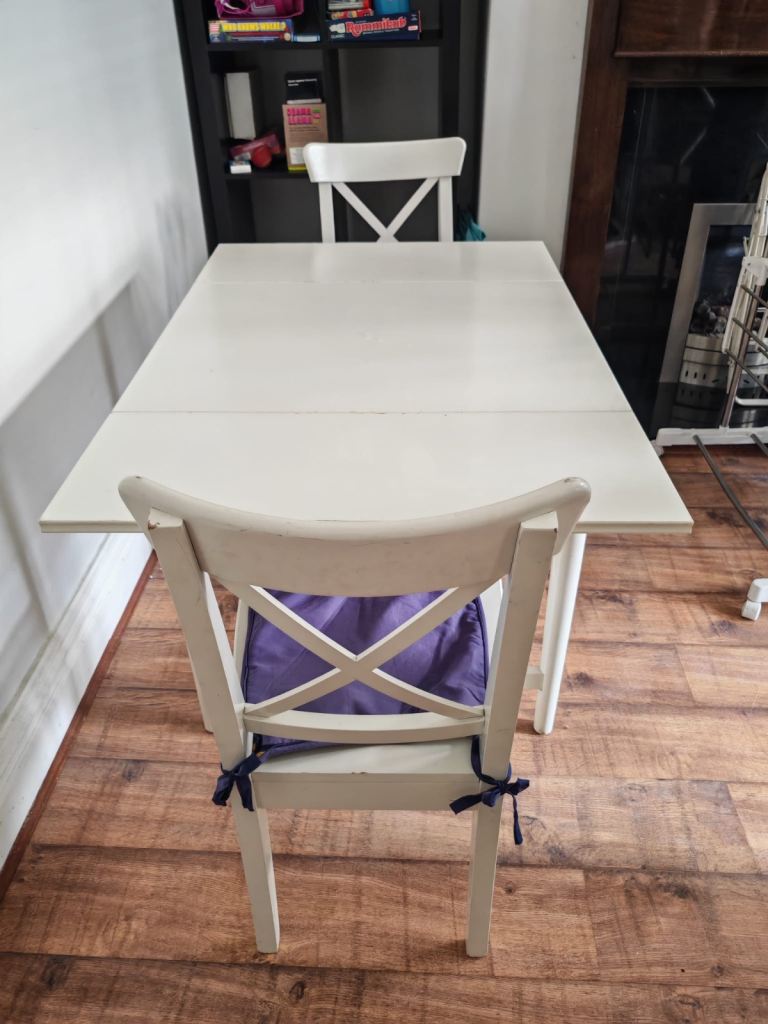 IKEA Ingatorp Drop-Leaf Table and 2 Chairs – White, Good Condition