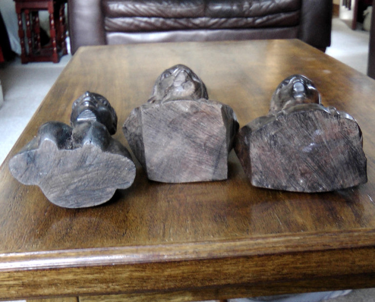 3 Vintage African Solid Hardwood Figure Busts - 2 Male (16cm) & 1 Female (18cm)