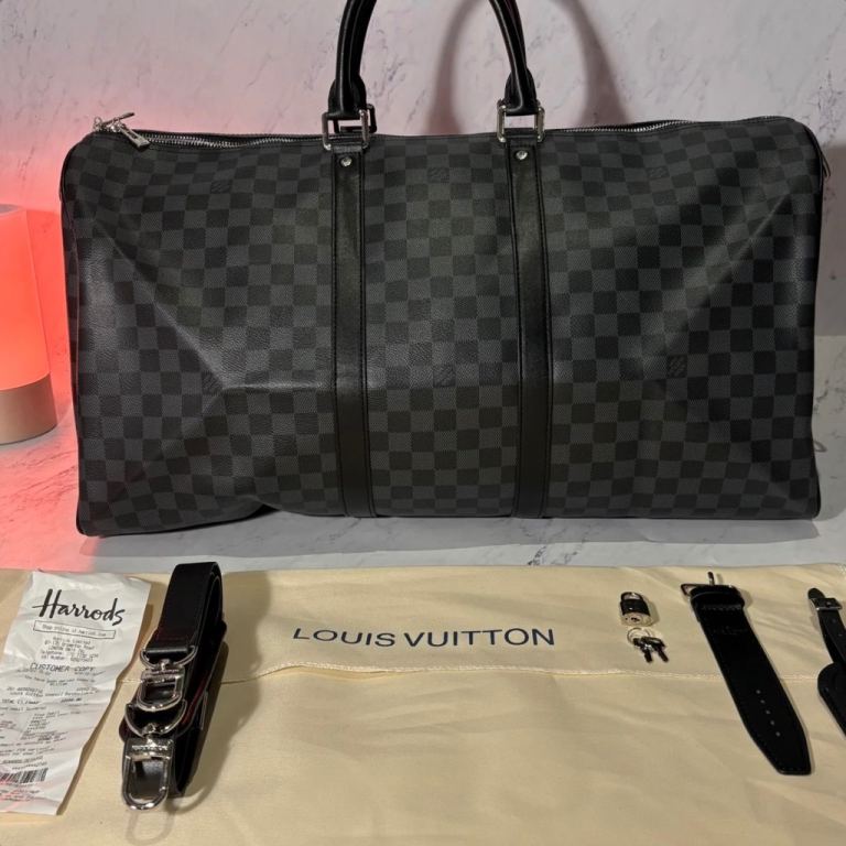 Louis Vuitton 55cm Damier Graphite Keepall Travel Duffel Bag – Black/Grey- padlock+Key