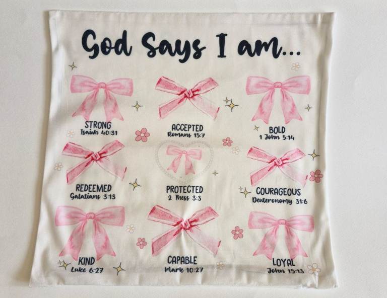 New 'God Says I Am...' Cushion Cover - White with Pink Bows