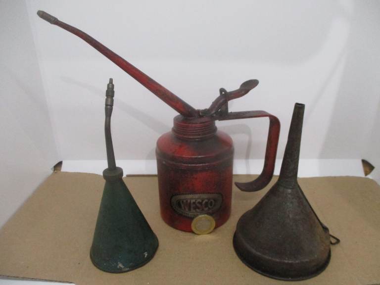 image for  Garage items for the collector, two oil cans & a spout 1970's vintage.