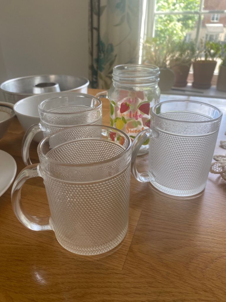 Free Set of 3 Clear Glass Dimpled Mugs and Fruit Jar