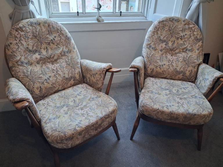 Pair of Vintage Ercol Armchairs – Floral Upholstery