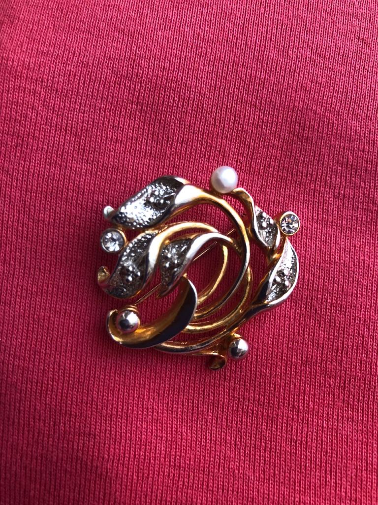 Lovely Gold and Silver Tone Brooch with Faux Pearl