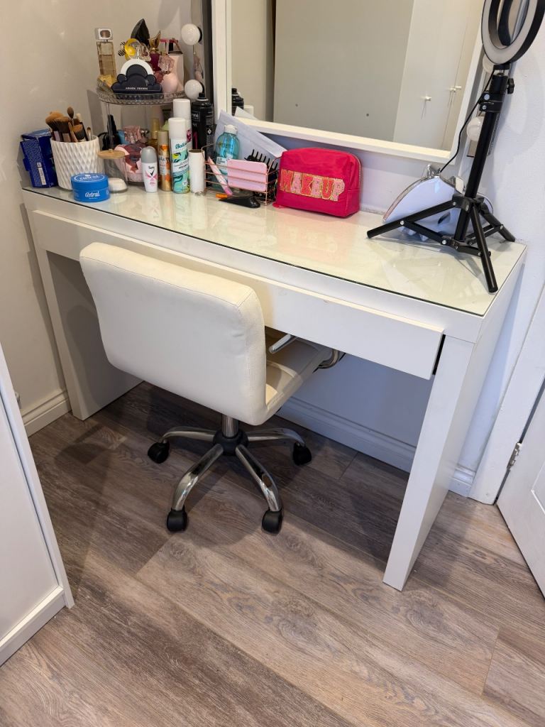 White glass top make up unit and chair