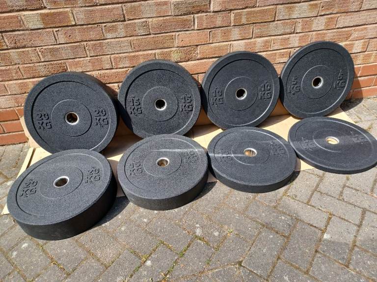 RUBBER OLYMPIC BUMPER WEIGHT PLATES & 7FT / 20kg BARBELL
