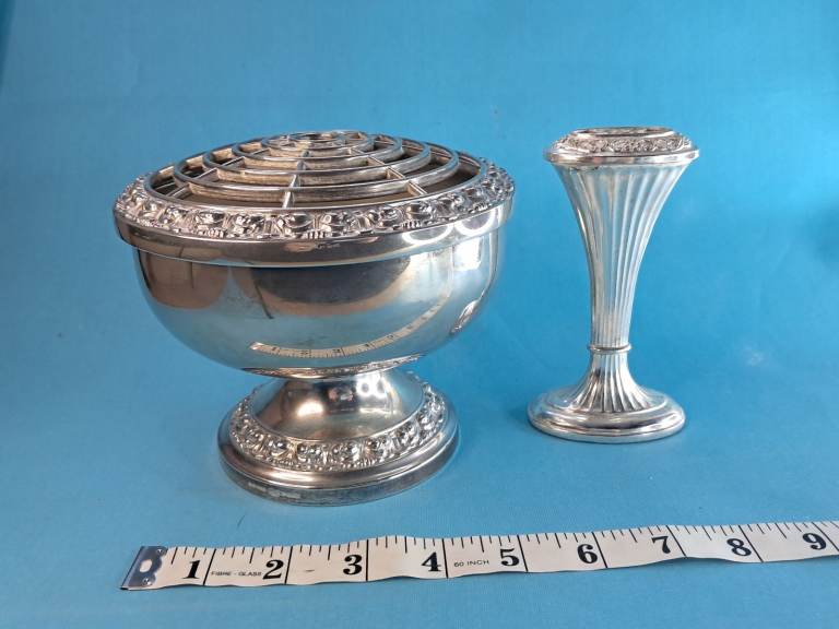 Vintage Silver Plated Ianthe Rose Bowl and Oval Style  silver plated bud vase. 