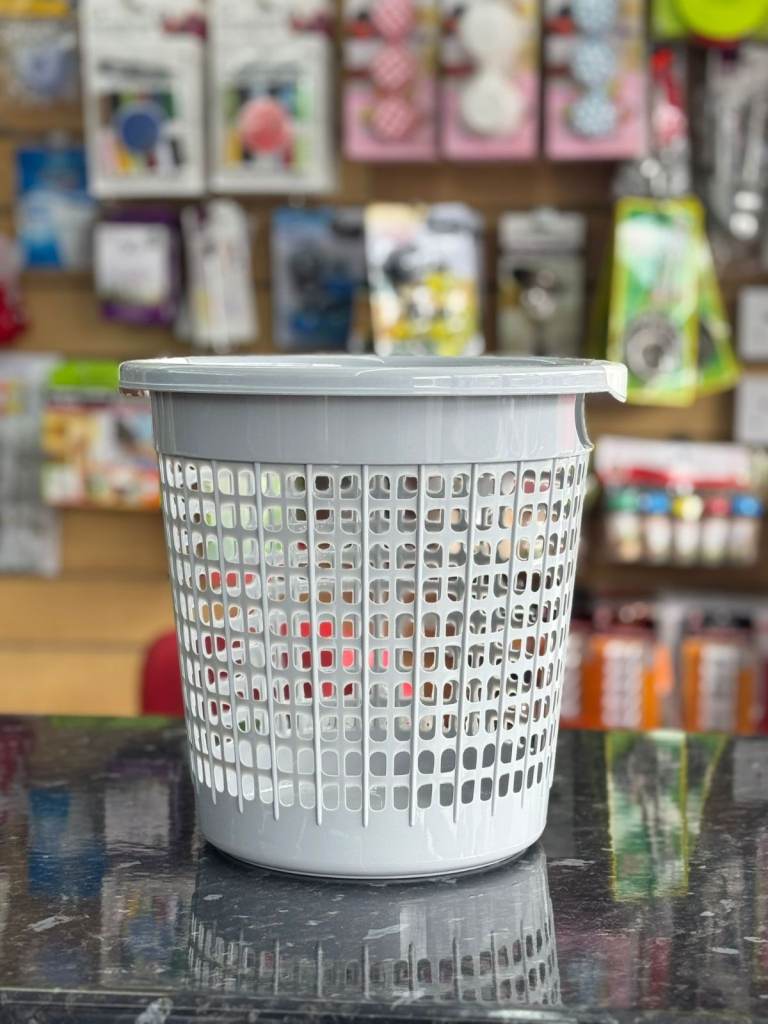 Plastic Laundry Basket – Grey Ventilated Clothes Hamper with Grid Design