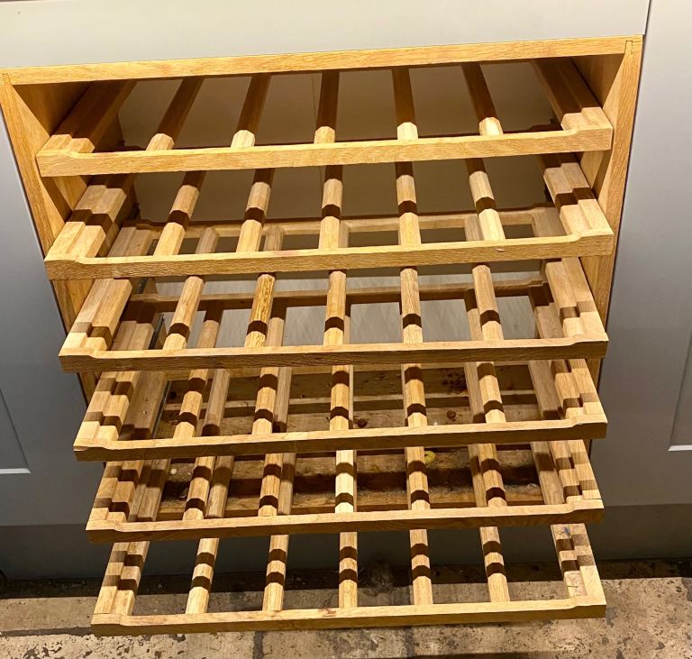 Fully Integrated solid oak wine shelf storage Caverack 36 bottle Leo wine rack