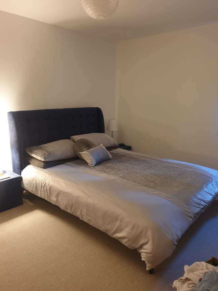 Double Bed Frame with Headboard – Dark Blue Fabric
