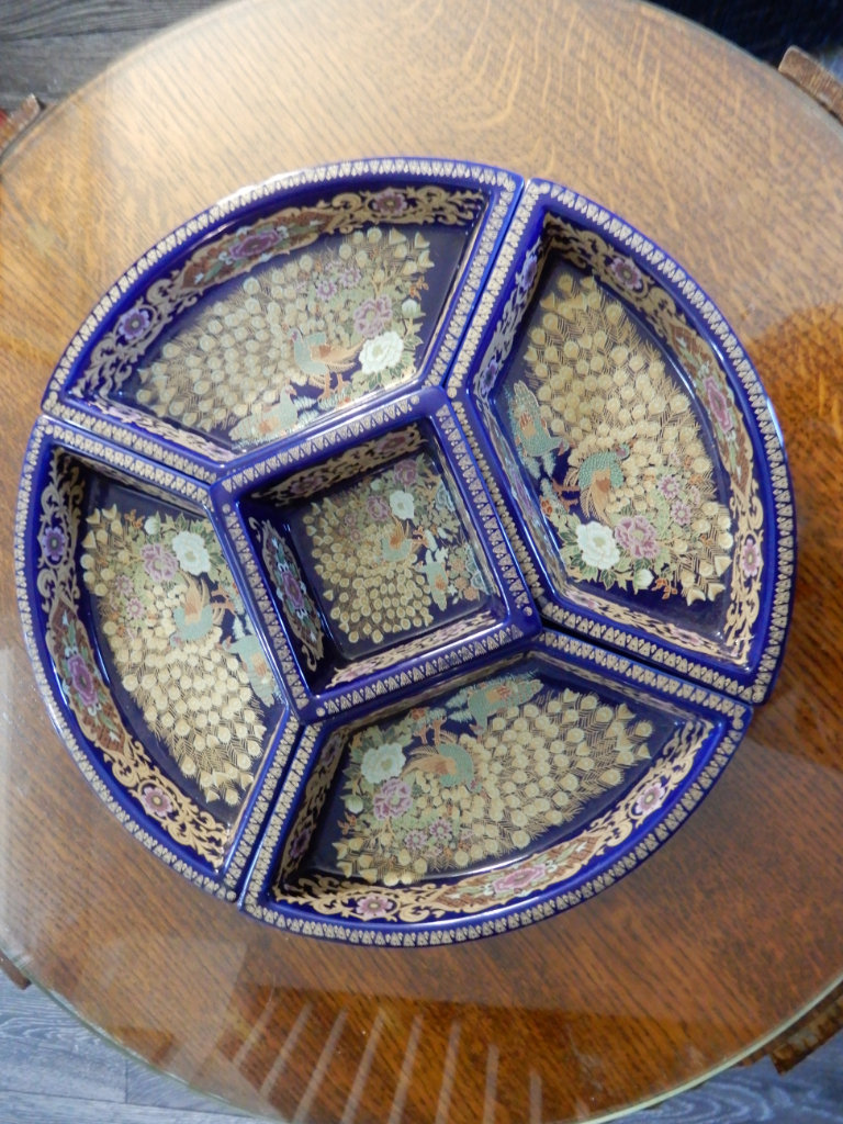 Antique Chinese Blue gold painted  ceramic 5 piece serving tray