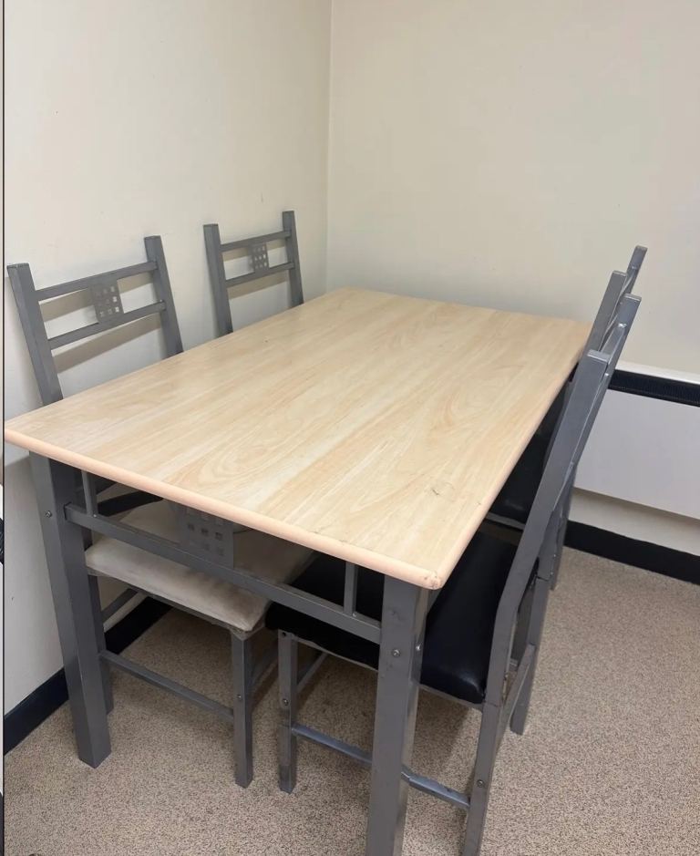 Dining Table and 4 Chairs Set – Grey Metal and Light Wood