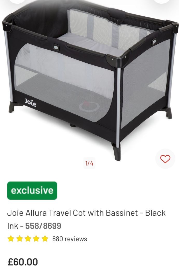 Joie Allura Travel Cot with Bassinet – Black, Good Condition