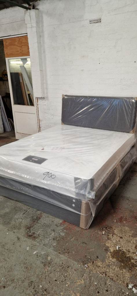 Small double 4ft Divan bed set - Grey base & 10 inch deep spring orthopaedic mattress + headboard 