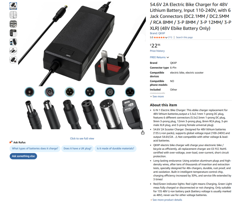 image for 54.6V 2A Electric Bike Charger for 48V Battery, 110-240V, 6 Jacks|| Brand new 50% off price 