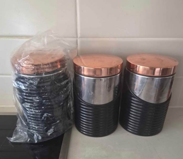 Set of 3 Black and Rose gold Kitchen Canisters – Tea, coffee. Siga3