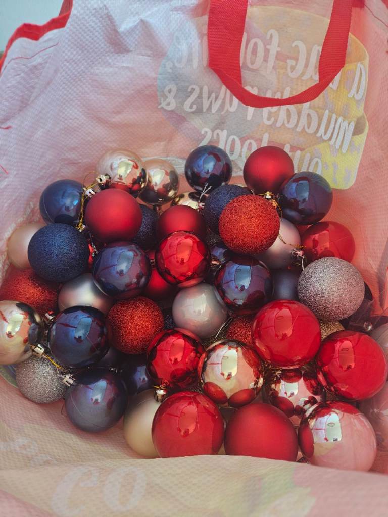Christmas Baubles & Tree Toppers – Red, Blue, Silver, Gold