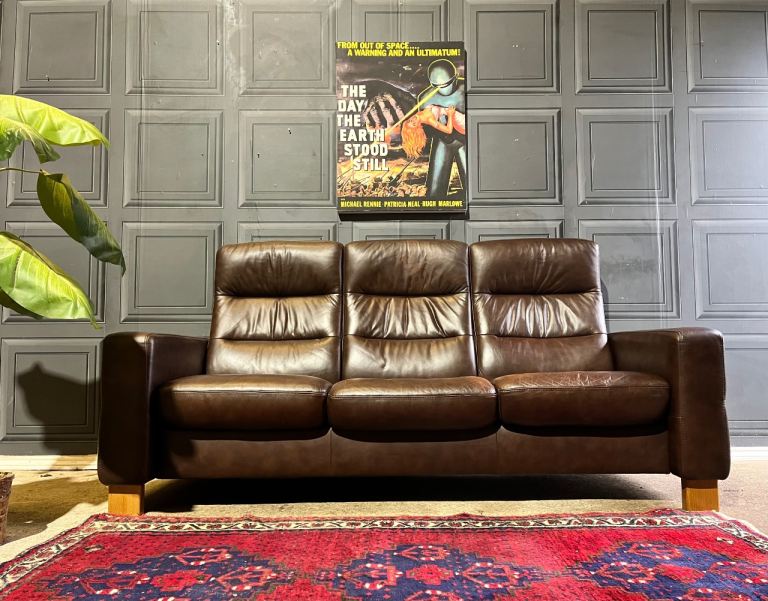 Brown Leather Ekornes  High Back Stressless Wave Reclining Three Seater Sofa