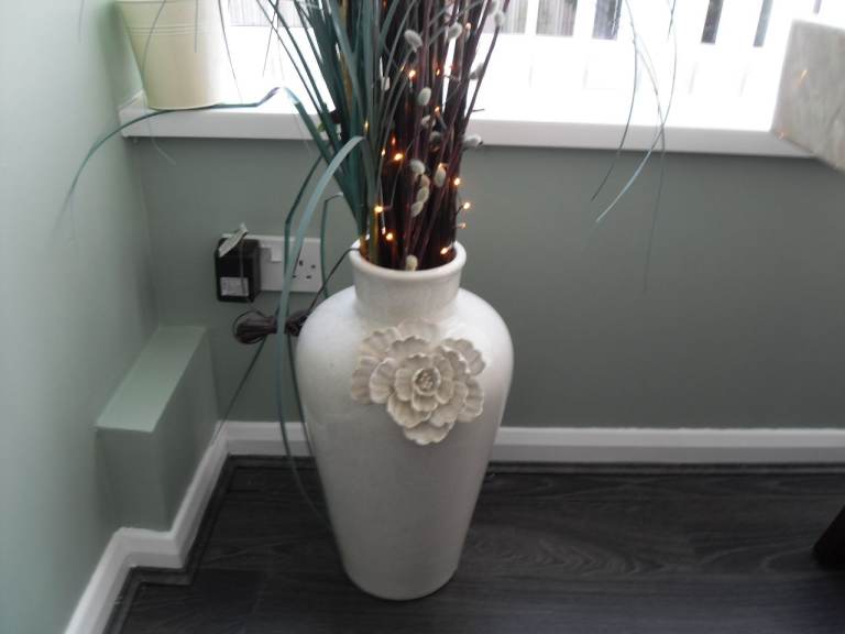 Large White Ceramic Floor Vase with Flower Detail