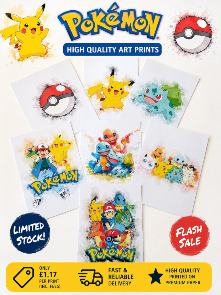 £1 launch New Pokemon A4 Prints - choice of 7, Perfect for Kids Room