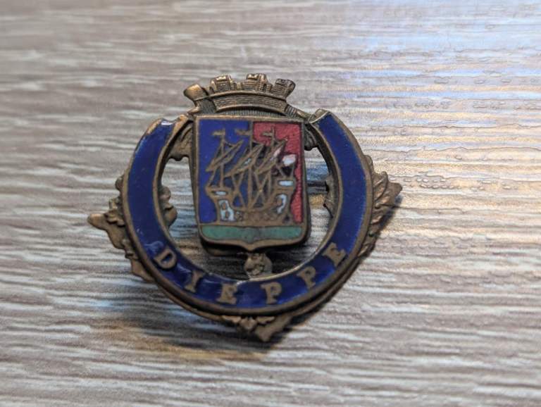 Vintage Dieppe France Enamel Souvenir Pin Badge – Heraldic Crown & Ship Design